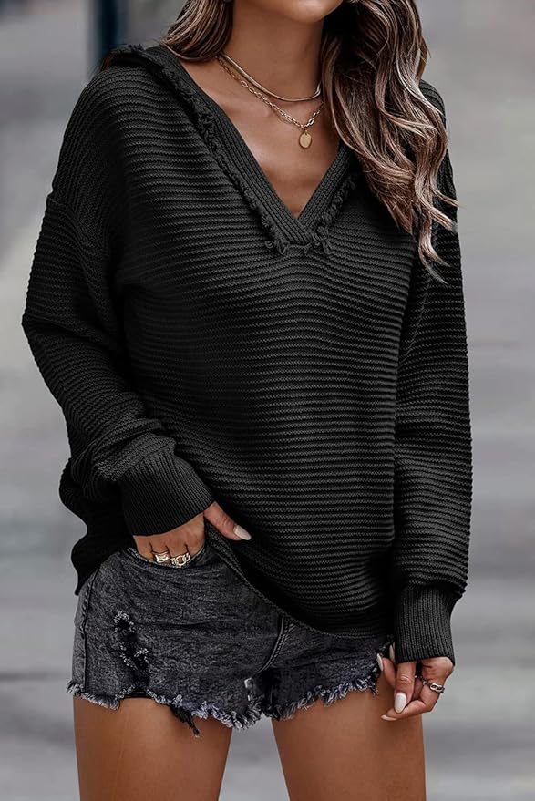 Livia Women’s Hooded Knit Sweater – Ribbed Waffle Cotton Oversized Fit