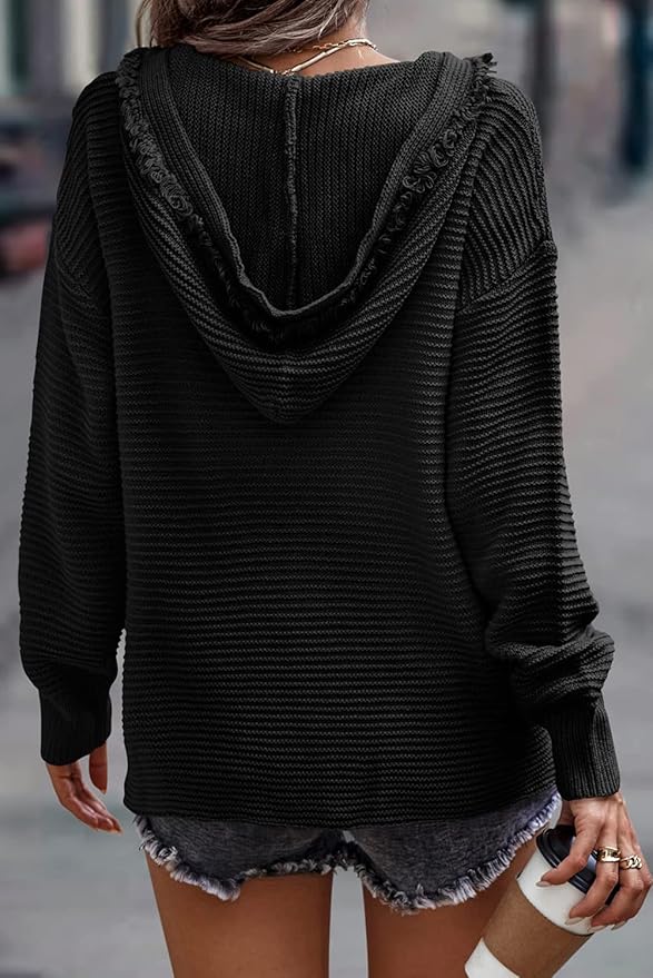 Livia Women’s Hooded Knit Sweater – Ribbed Waffle Cotton Oversized Fit