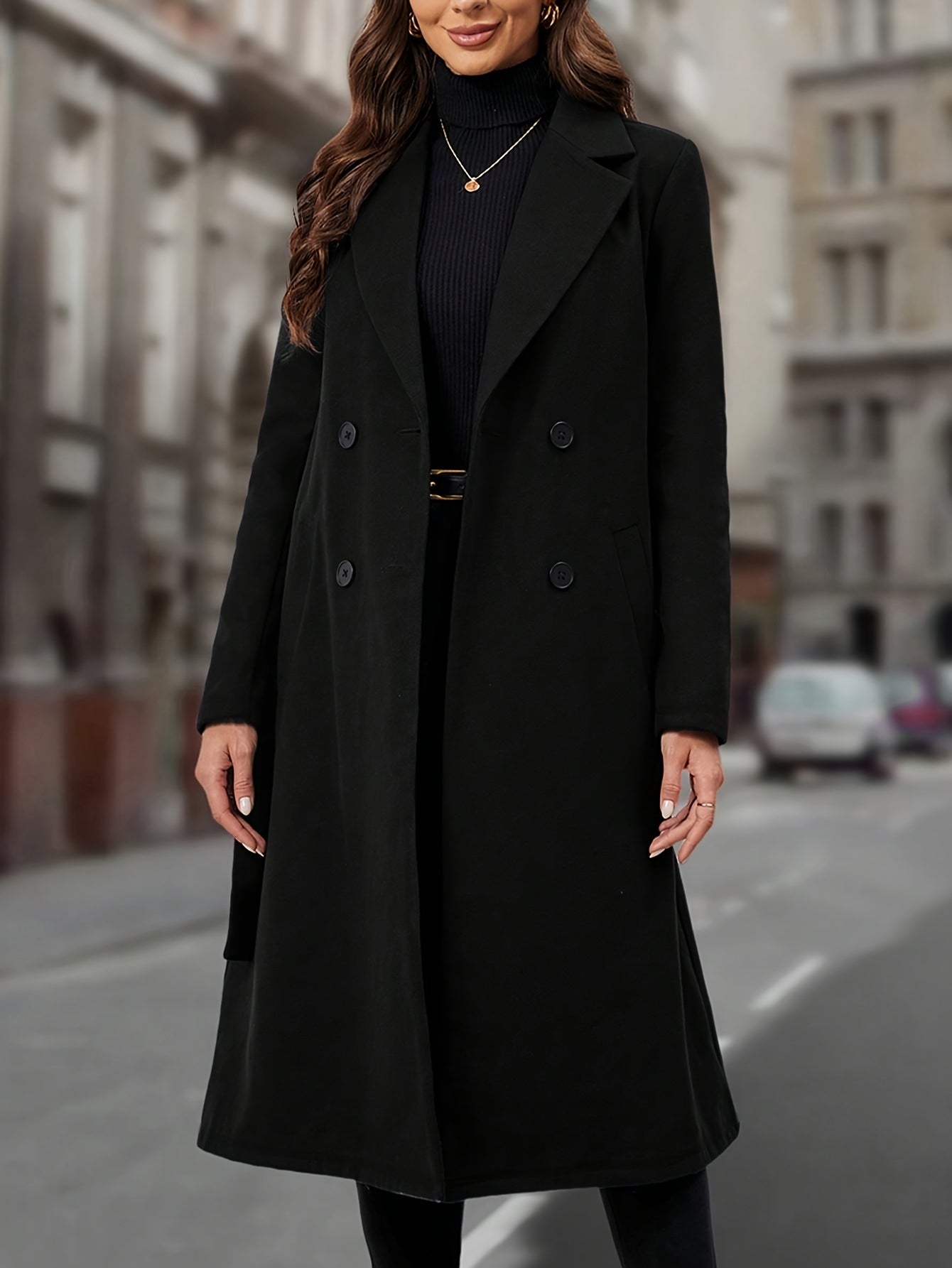 Romina Women’s Long Coat – Double-Breasted with Belted Waist Winter Coat