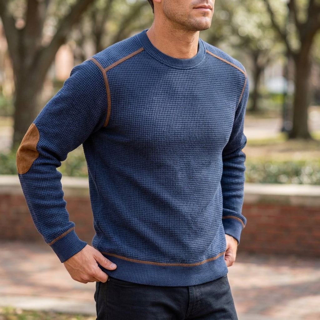 Hilario Men’s Jumper - Reinforced Elbows Waffle Knit Sweater