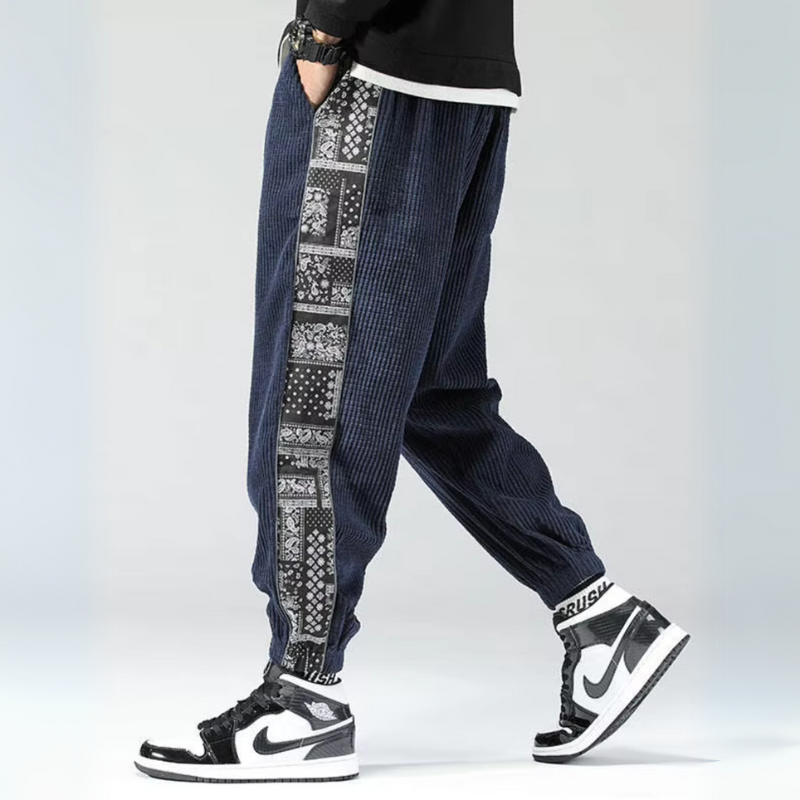 Lennox Men’s Corduroy Joggers – Bandana Patchwork with Relaxed Tapered Fit