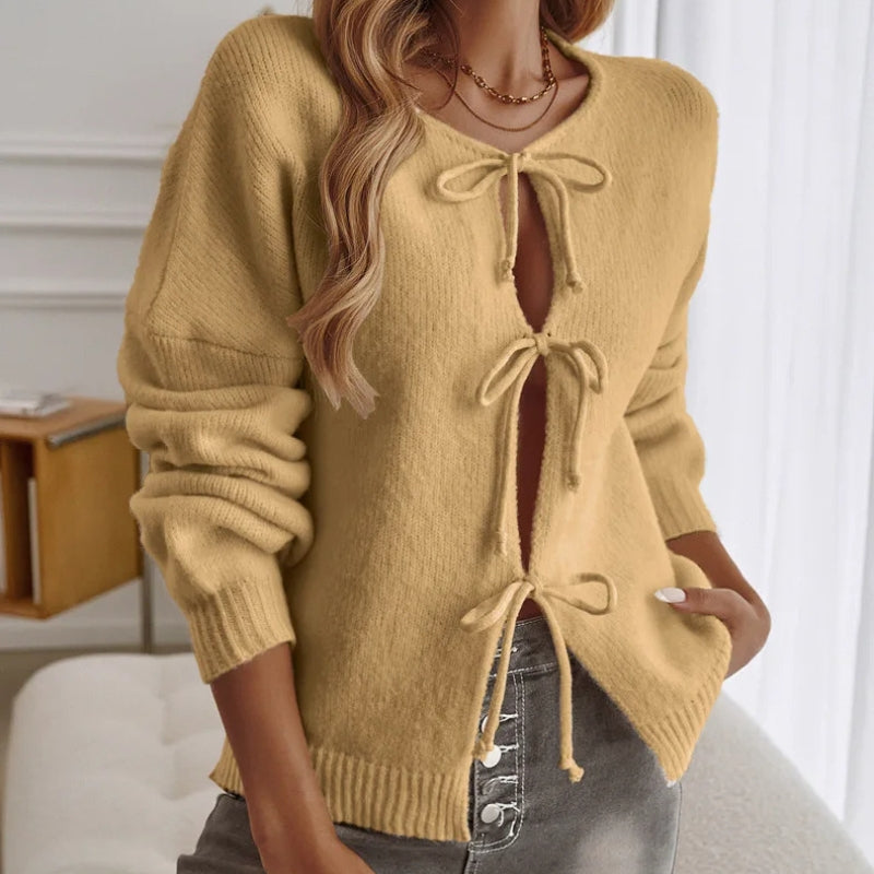 Amira Women’s Knit Sweater – Cotton Blend Cardigan with Lace-Up Detail