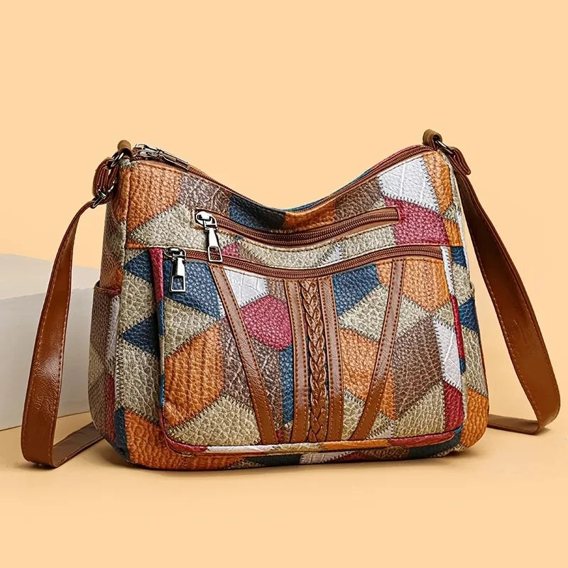 Sahara Women's Crossbody Bag – Geometric Patchwork Vegan Leather Satchel