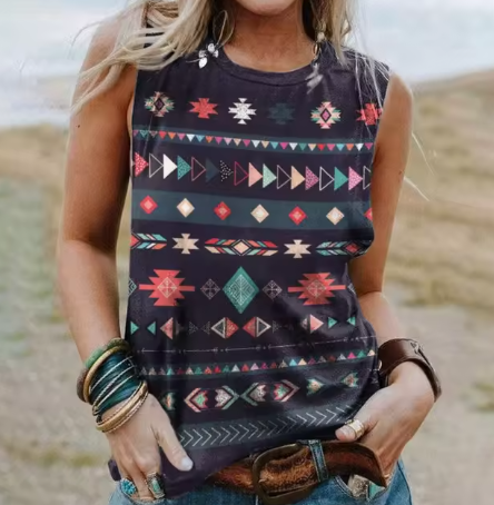 3D Geometric Tank Top in Western Ethnic Design