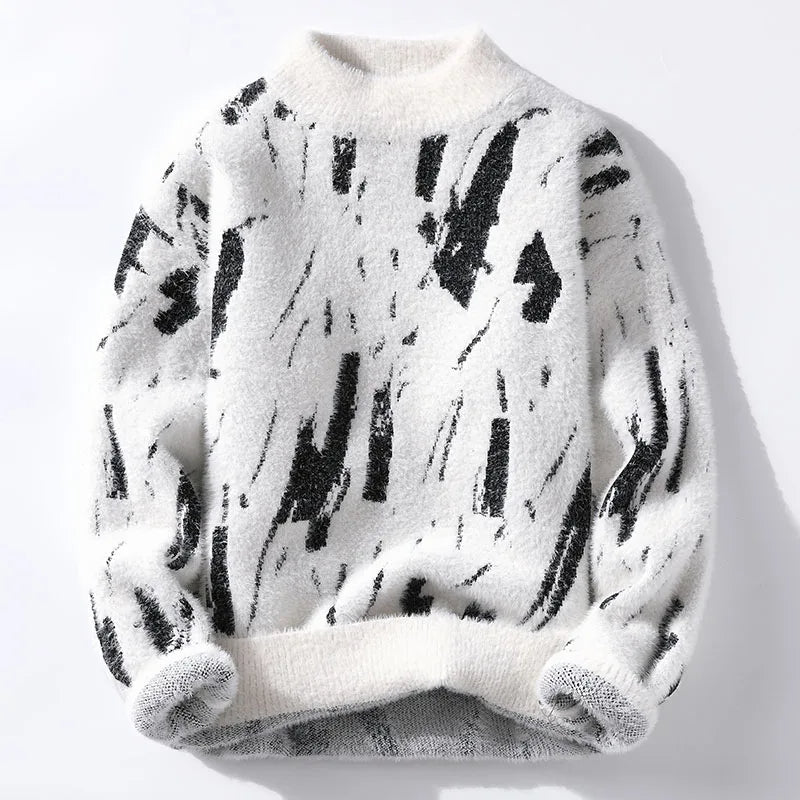 Julius Men’s Pullover Sweater – Fluffy Knit Abstract Pattern Jumper