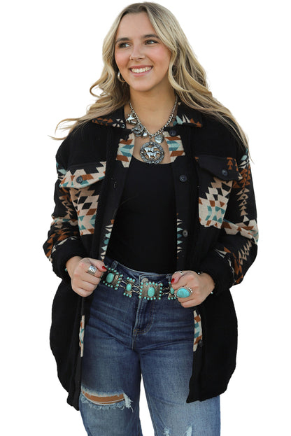 Black Fleece Shacket with Aztec Print - Trendy and Comfortable