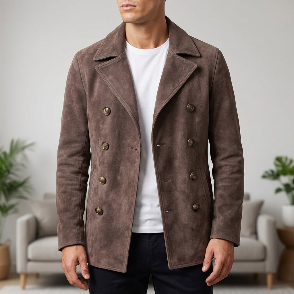 Roderick Men’s Pea Coat – Tailored Suede Jacket