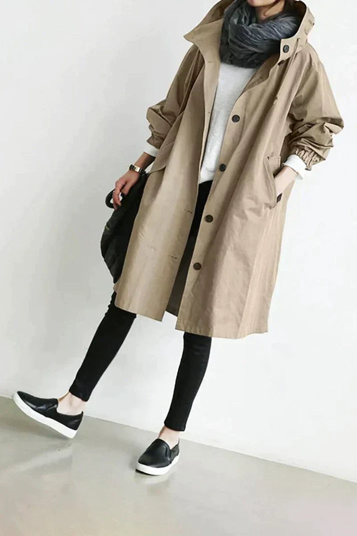 Ivana Women’s Hooded Trench Coat – Elegant Longline Jacket