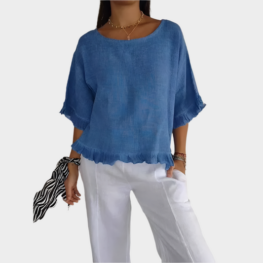 Clara Women’s Linen Blouse – Lightweight Relaxed Fit with Ruffle Detail