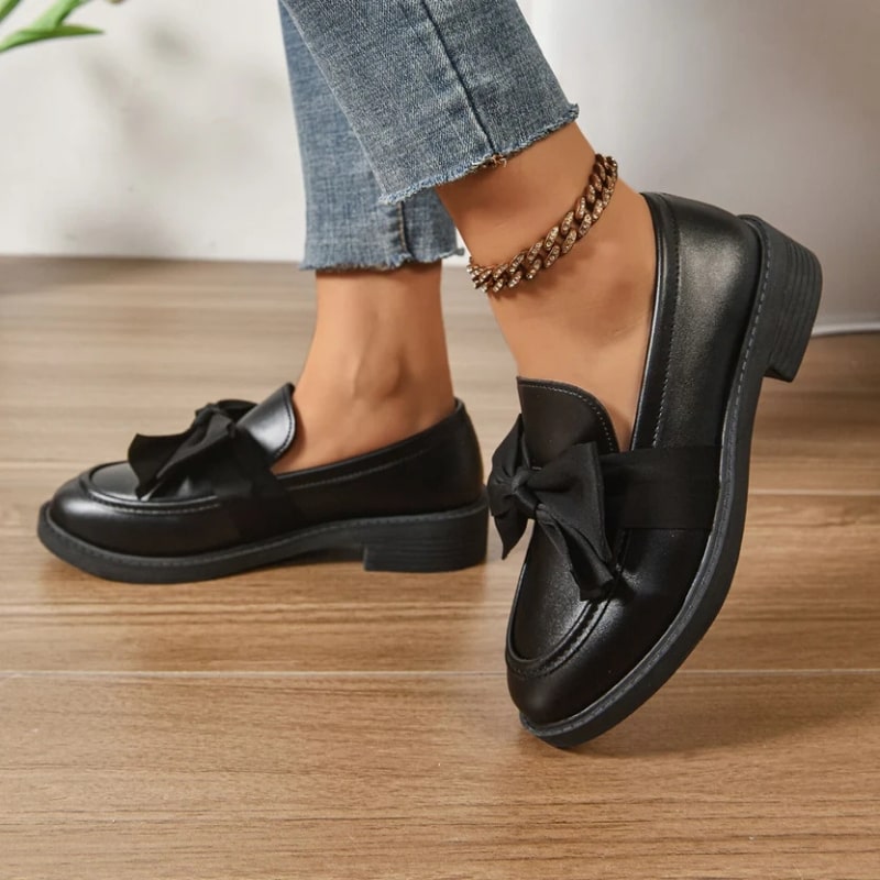 Luana Women’s Leather Platform Loafers – Glossy Moc-Toe Shoes with Bow Accent