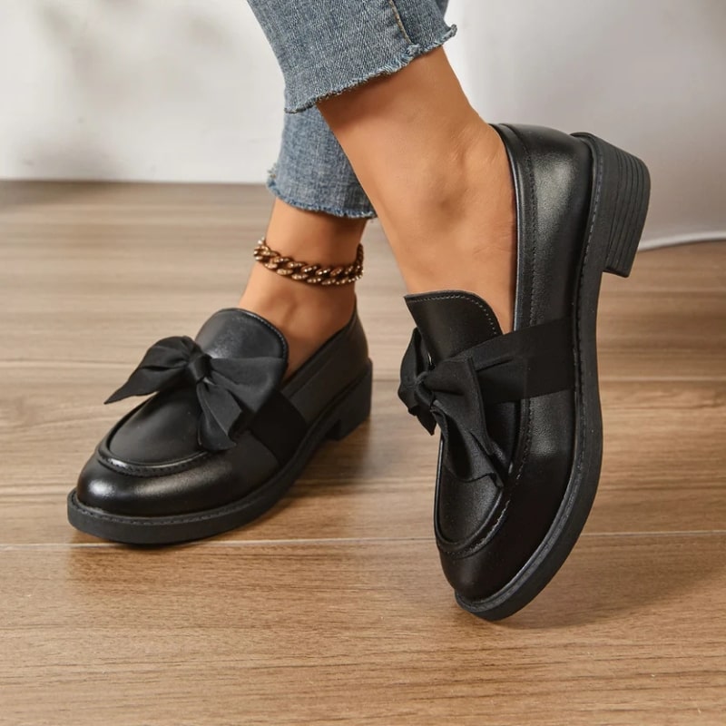 Luana Women’s Leather Platform Loafers – Glossy Moc-Toe Shoes with Bow Accent