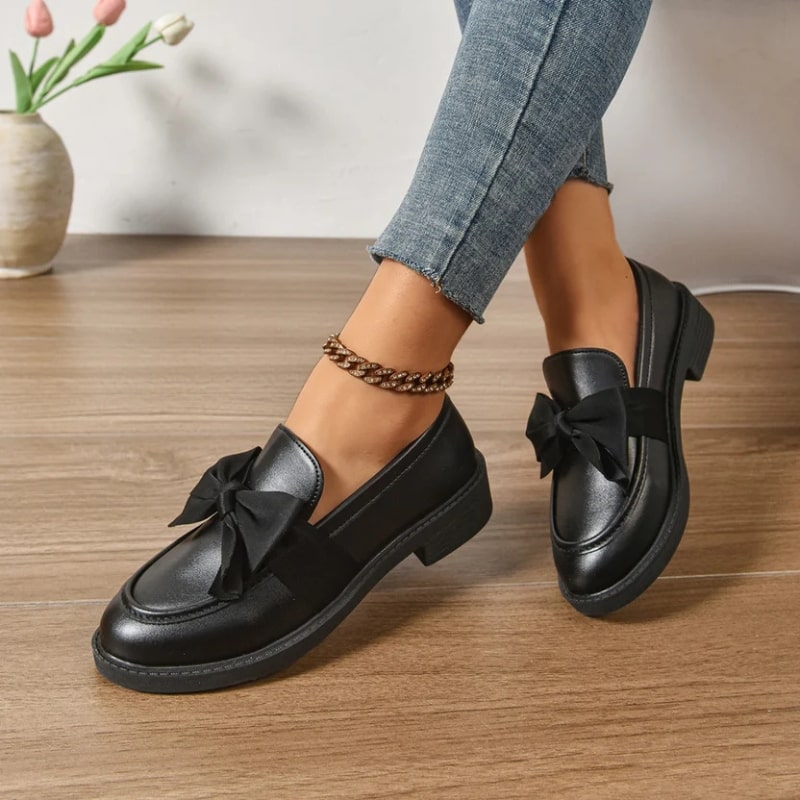Luana Women’s Leather Platform Loafers – Glossy Moc-Toe Shoes with Bow Accent