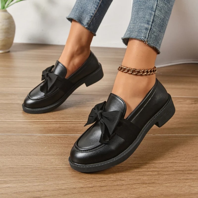 Luana Women’s Leather Platform Loafers – Glossy Moc-Toe Shoes with Bow Accent