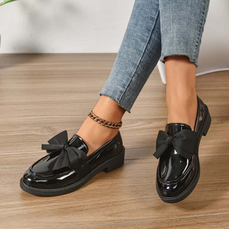Luana Women’s Leather Platform Loafers – Glossy Moc-Toe Shoes with Bow Accent