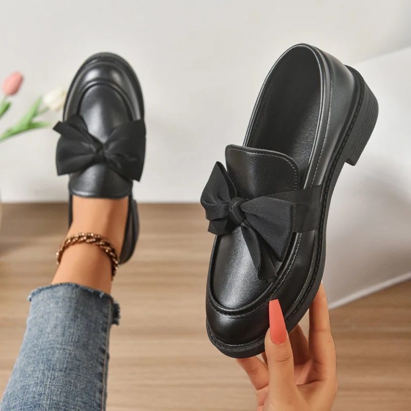Luana Women’s Leather Platform Loafers – Glossy Moc-Toe Shoes with Bow Accent