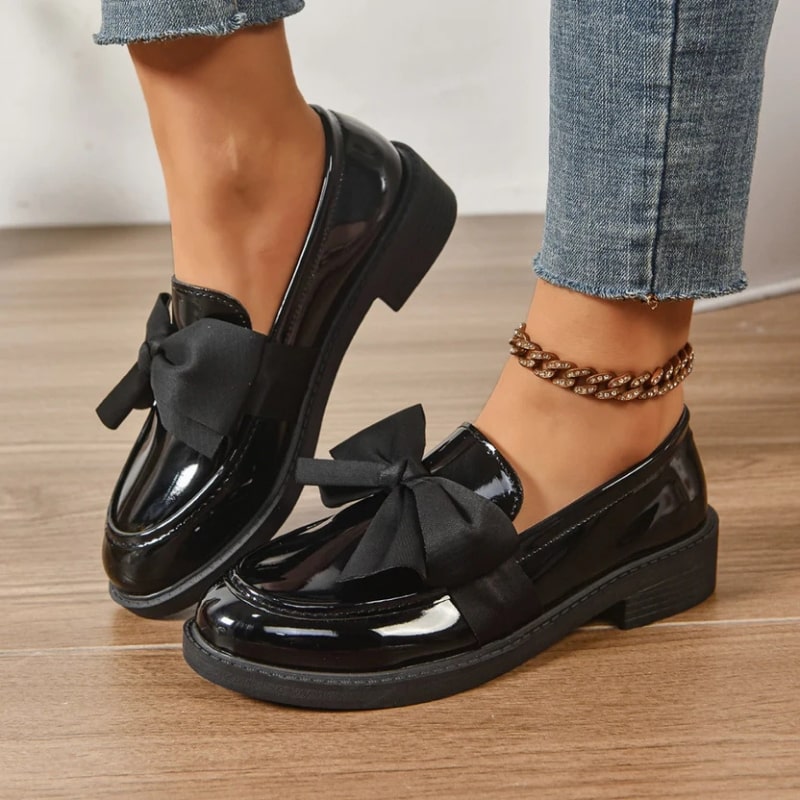 Luana Women’s Leather Platform Loafers – Glossy Moc-Toe Shoes with Bow Accent