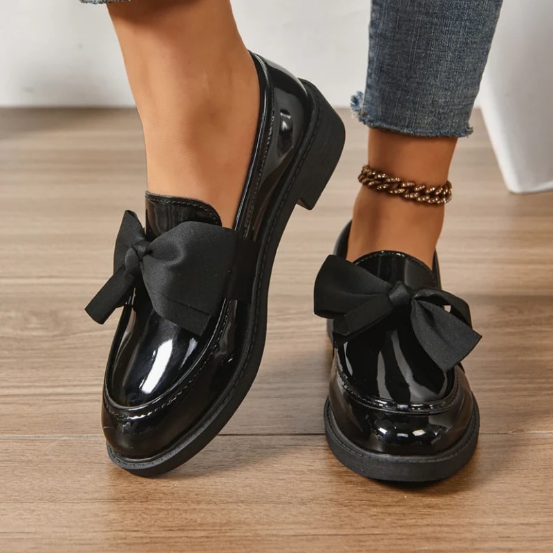 Luana Women’s Leather Platform Loafers – Glossy Moc-Toe Shoes with Bow Accent