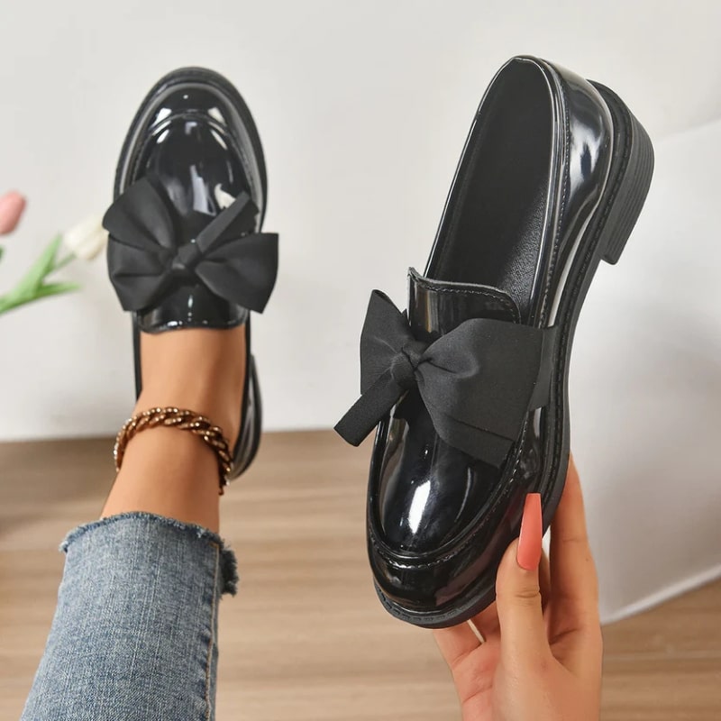 Luana Women’s Leather Platform Loafers – Glossy Moc-Toe Shoes with Bow Accent