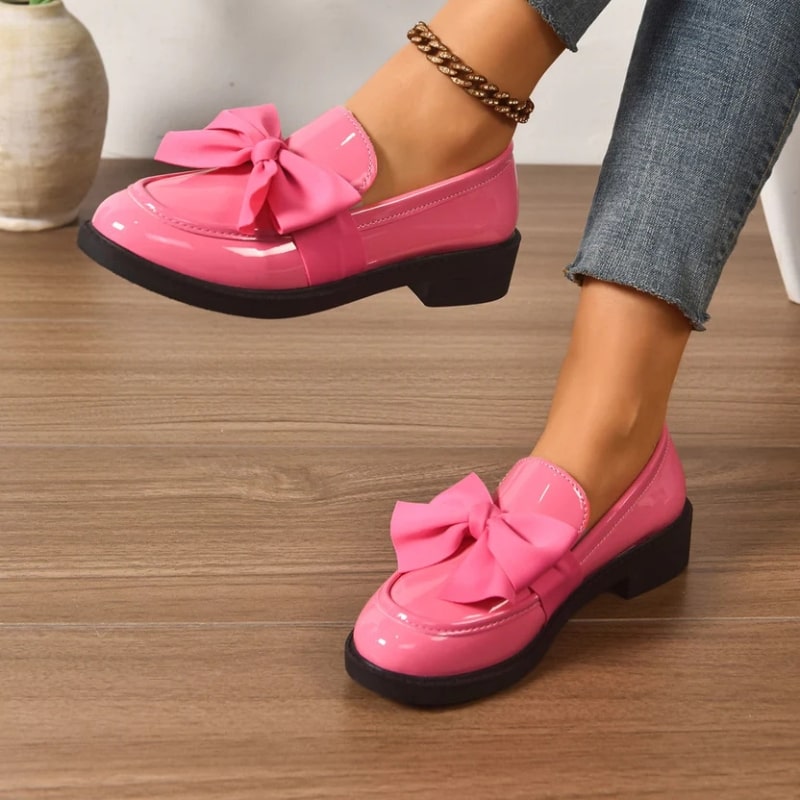 Luana Women’s Leather Platform Loafers – Glossy Moc-Toe Shoes with Bow Accent