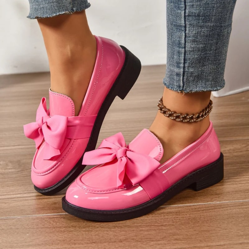 Luana Women’s Leather Platform Loafers – Glossy Moc-Toe Shoes with Bow Accent