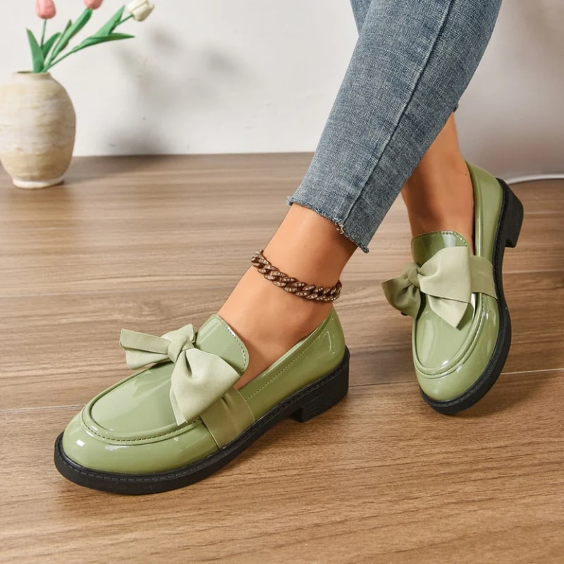 Luana Women’s Leather Platform Loafers – Glossy Moc-Toe Shoes with Bow Accent