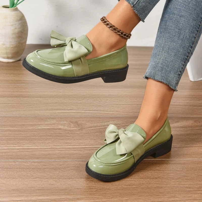 Luana Women’s Leather Platform Loafers – Glossy Moc-Toe Shoes with Bow Accent