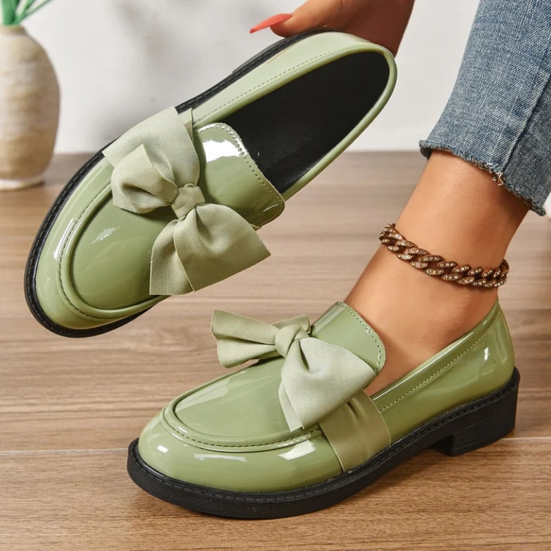 Luana Women’s Leather Platform Loafers – Glossy Moc-Toe Shoes with Bow Accent