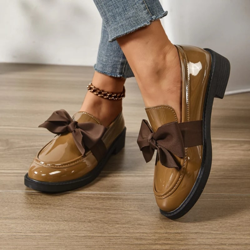 Luana Women’s Leather Platform Loafers – Glossy Moc-Toe Shoes with Bow Accent