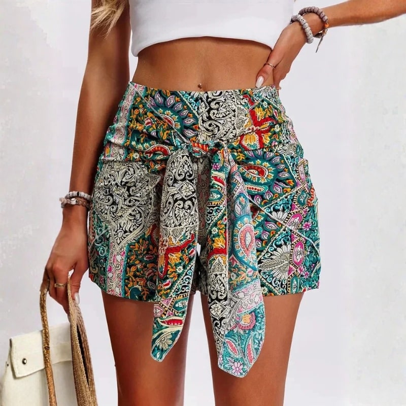 Valeria Cotton Blend Tie Waist Shorts – High Rise Boho Print Fit