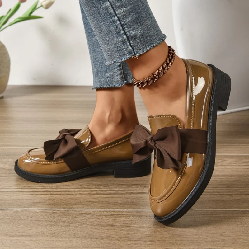 Luana Women’s Leather Platform Loafers – Glossy Moc-Toe Shoes with Bow Accent