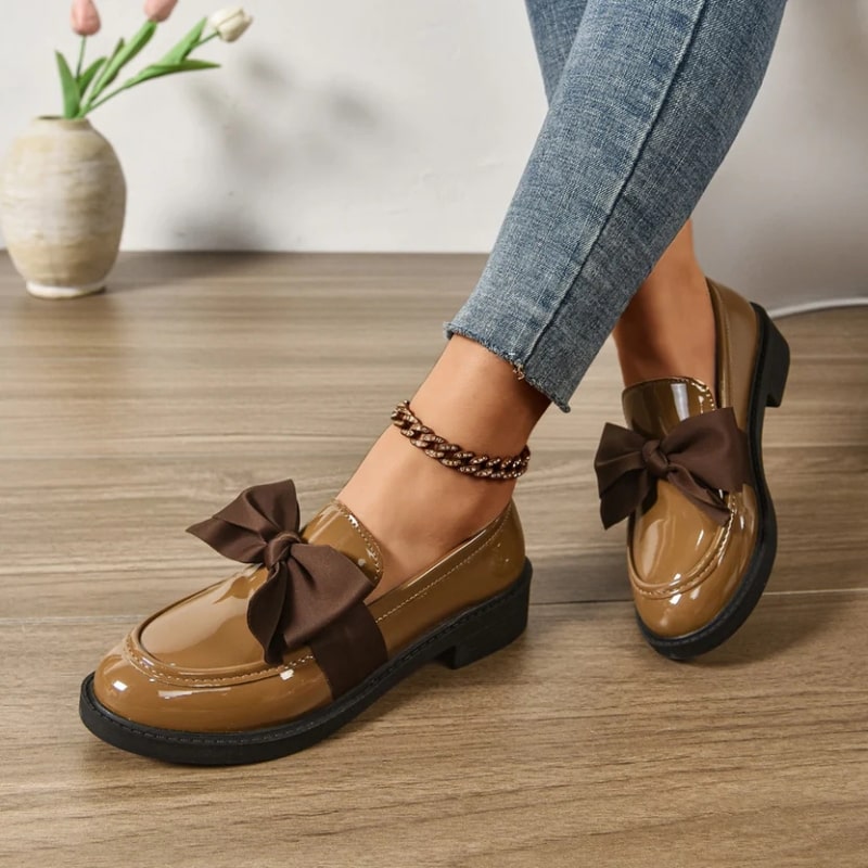 Luana Women’s Leather Platform Loafers – Glossy Moc-Toe Shoes with Bow Accent