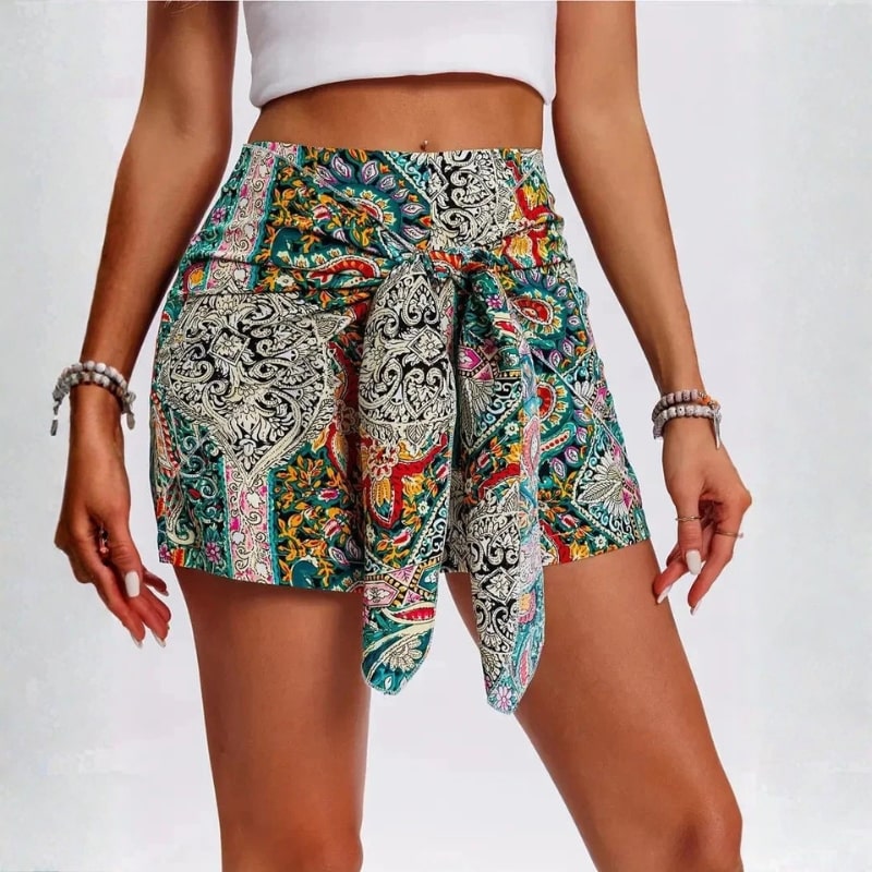 Valeria Cotton Blend Tie Waist Shorts – High Rise Boho Print Fit