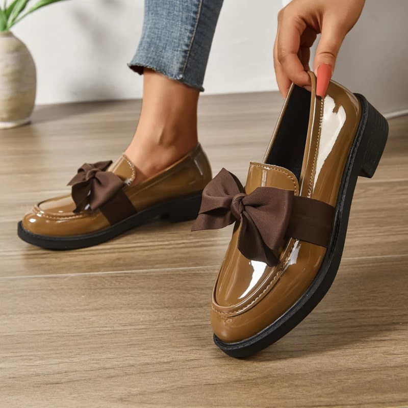 Luana Women’s Leather Platform Loafers – Glossy Moc-Toe Shoes with Bow Accent