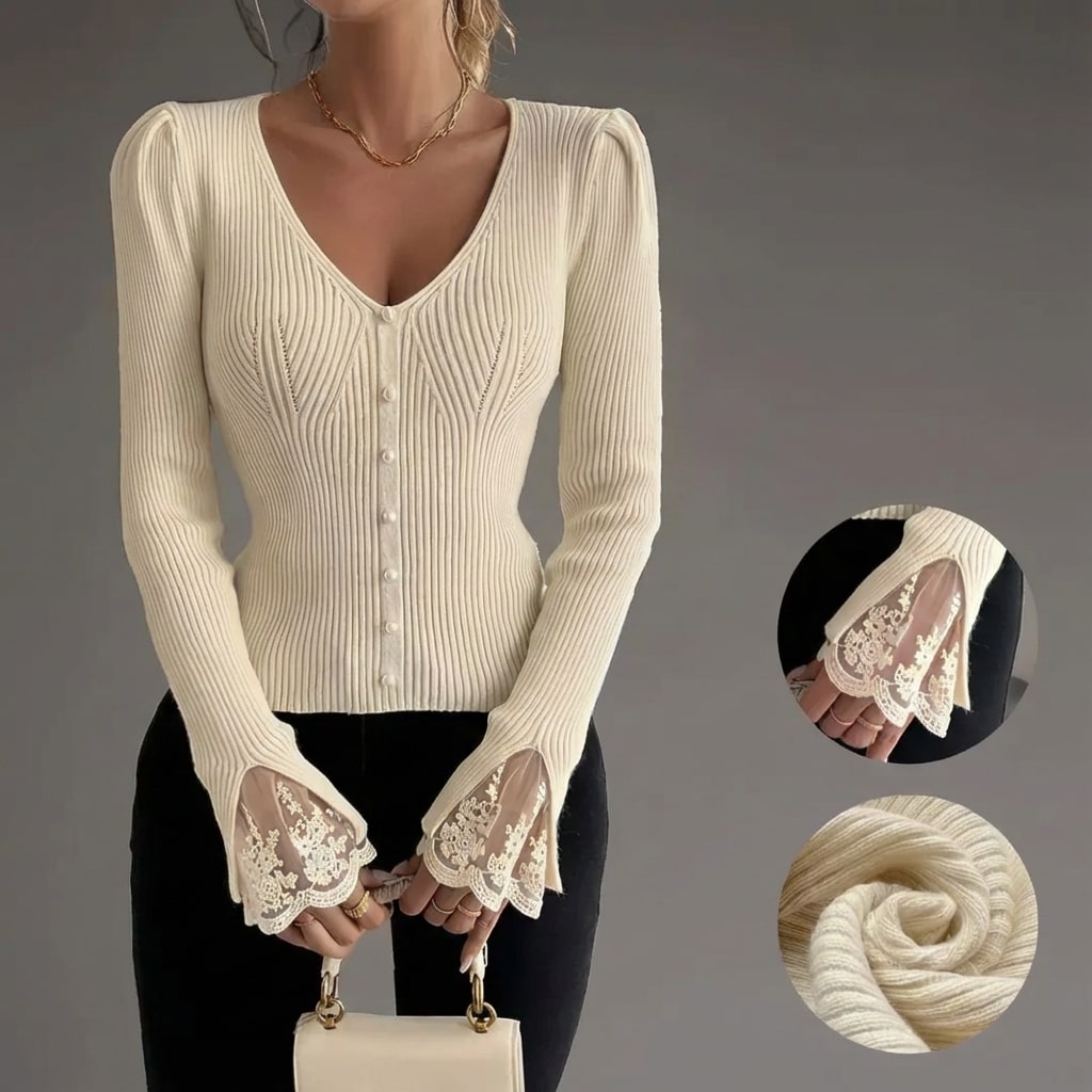 Vicky Women’s Sweater – V-Neck Lace Sleeve Detail Pullover