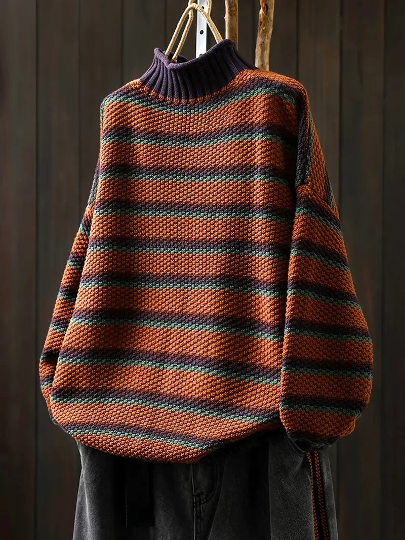 Erica Women's Cotton Sweater – -Waffle-Knit Oversized Stripe Pullover