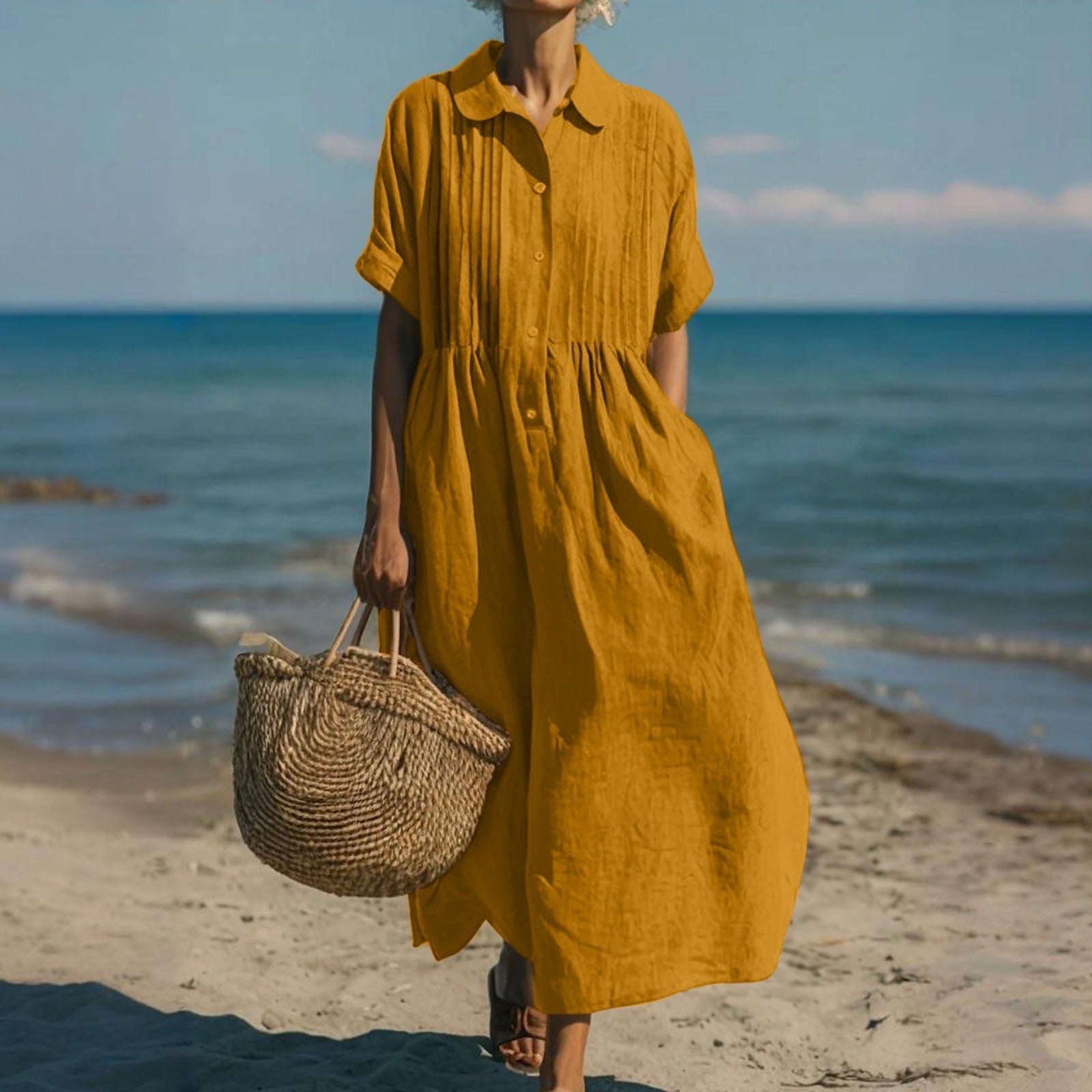Rowena Breathable Cotton Shirt Midi Dress – Button Front Relaxed Everyday Shirt