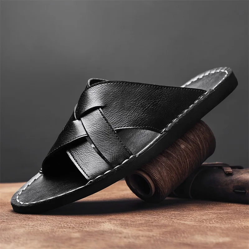 Froilan Full-Grain Leather Cross Strap Sandals – Cushioned Comfort Slides