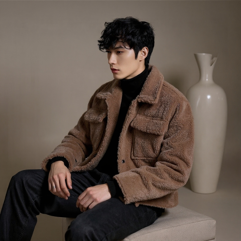 Damien Men’s Fleece Jacket – Concealed Snap Closure Wool Jacket