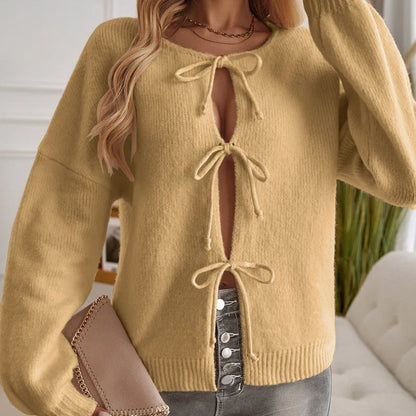 Amira Women’s Knit Sweater – Cotton Blend with Lace-Up Detail & Relaxed Fit