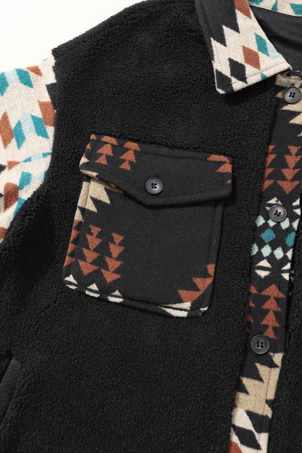 Black Fleece Shacket with Aztec Print - Trendy and Comfortable