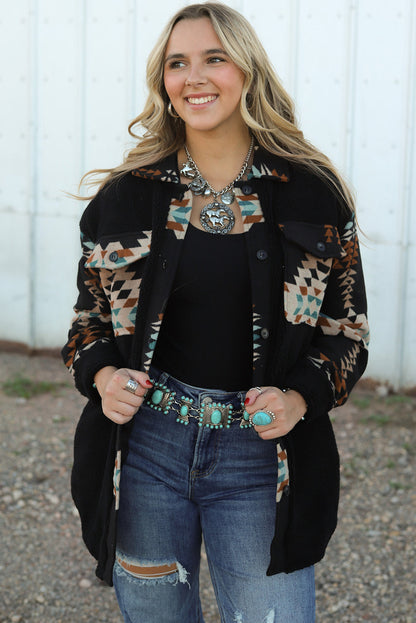 Black Fleece Shacket with Aztec Print - Trendy and Comfortable