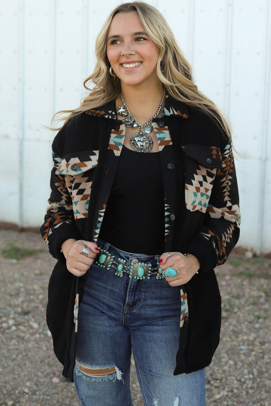 Black Fleece Shacket with Aztec Print - Trendy and Comfortable