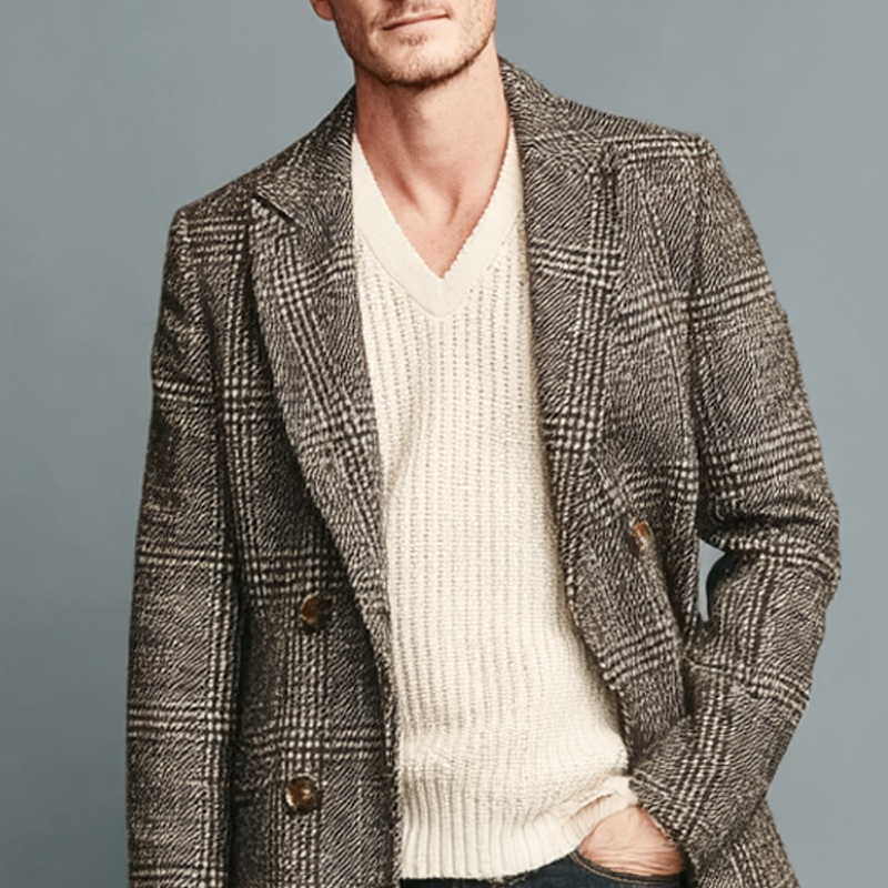 Alexander Men’s Wool Coat – Checkered Double-Breasted Mid-Length Coat