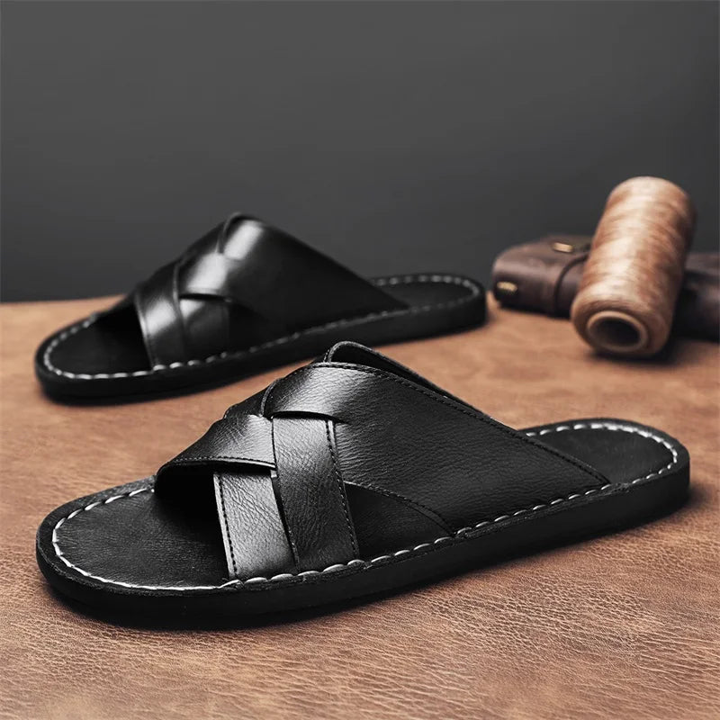Froilan Full-Grain Leather Cross Strap Sandals – Cushioned Comfort Slides