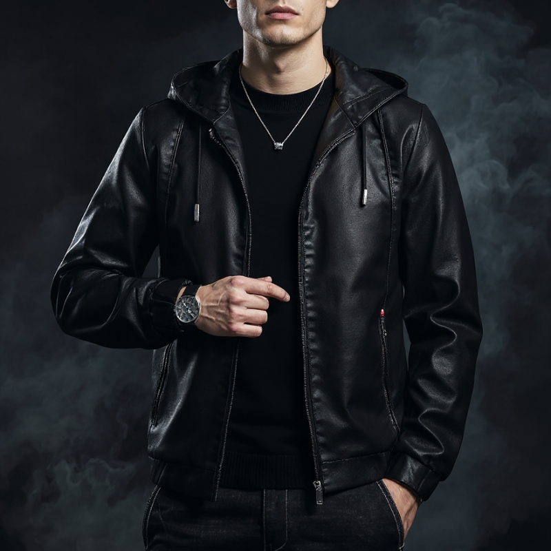 Rodrigo Men’s Leather Jacket – Hooded Zip-Up Casual Jacket
