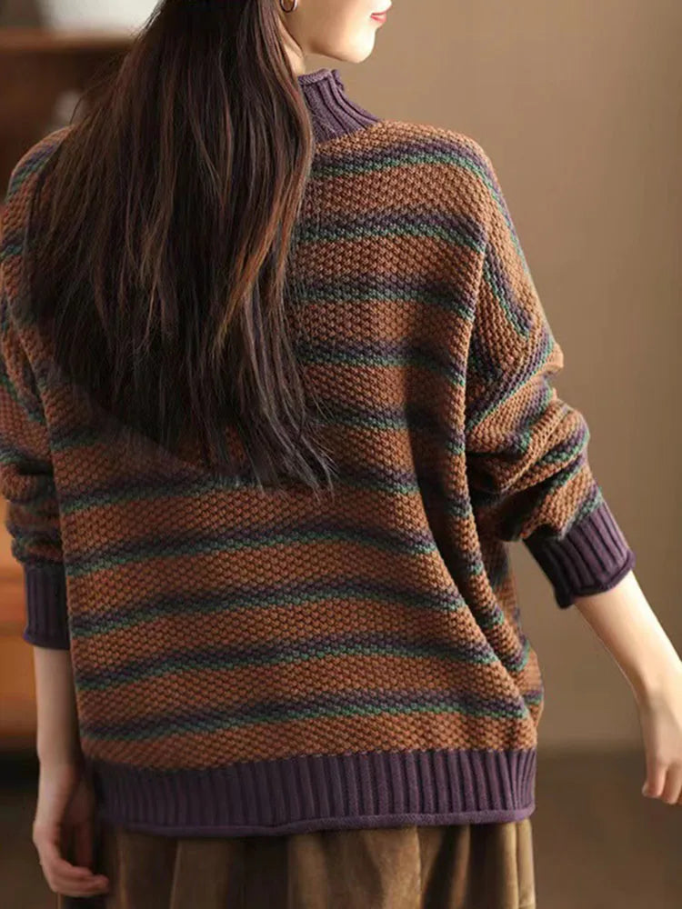 Erica Women's Cotton Sweater – -Waffle-Knit Oversized Stripe Pullover