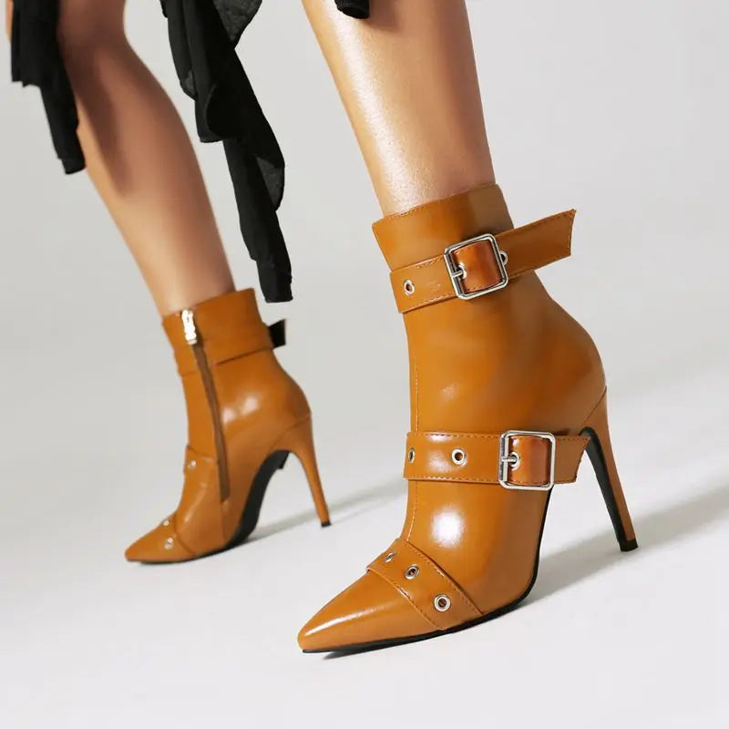 Anne Women's Stiletto Buckle Boots – High-Shine Vegan Leather & Adjustable Straps