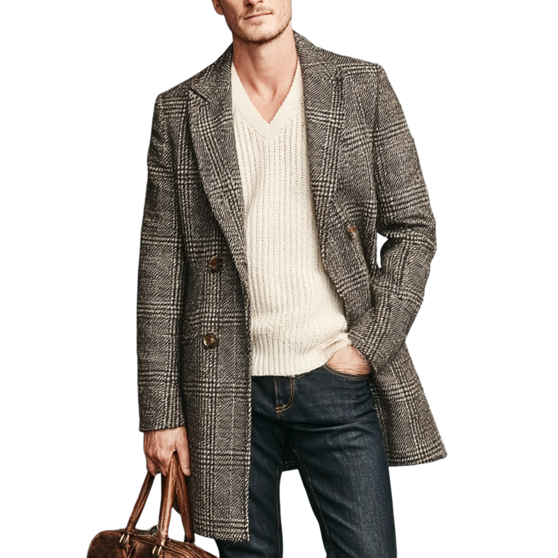 Alexander Men’s Wool Coat – Checkered Double-Breasted Mid-Length Coat