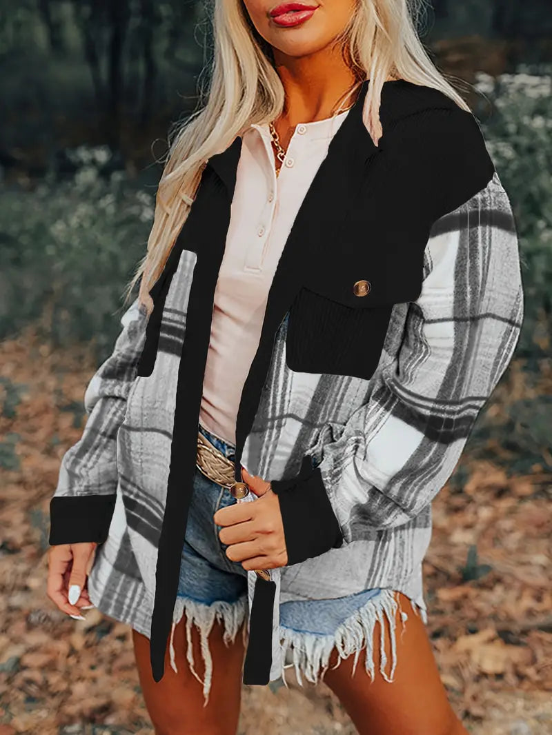 Myra Women’s Plaid Shacket – Brushed Fabric with Corduroy Collar