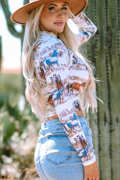 Stylish Brown High Neck Top with Western Horse Print